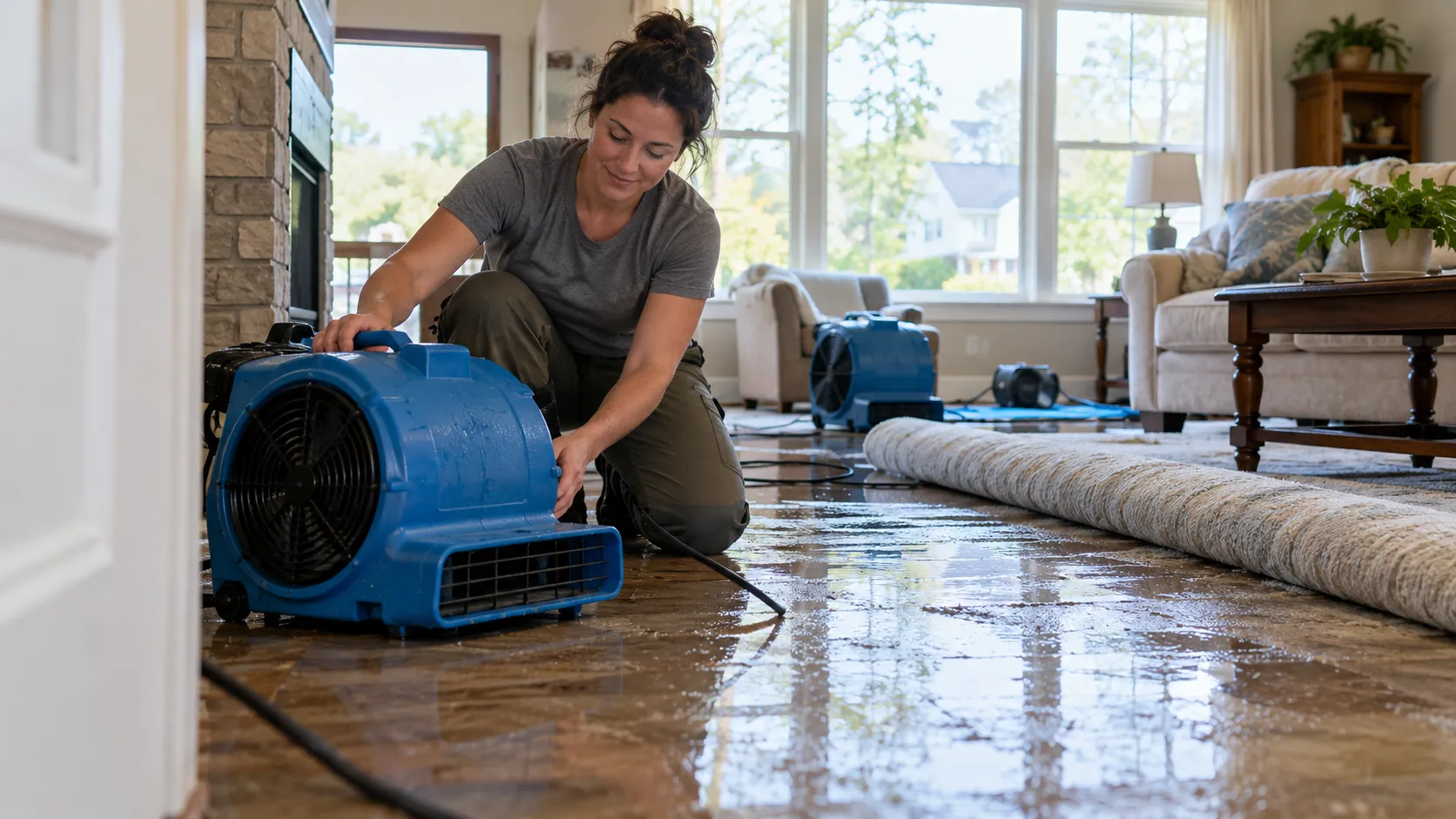 Water damage restoration technician drying a flooded living room in Columbia